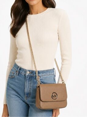 Michael Kors Fulton Leather Chain Shoulder Bag | Beige MK Logo Flap Crossbody